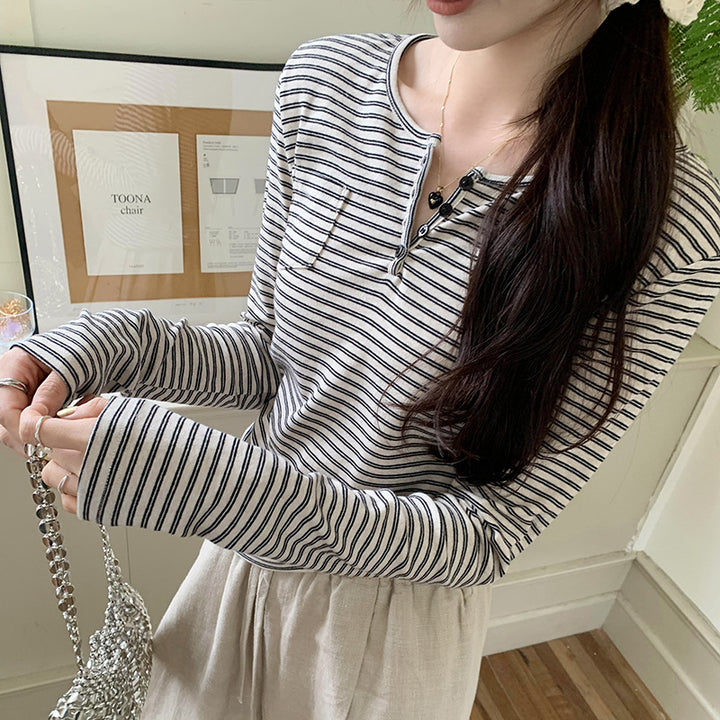 Women's stylish long-sleeve shirt with button placket and stripe pattern Chic & Stil