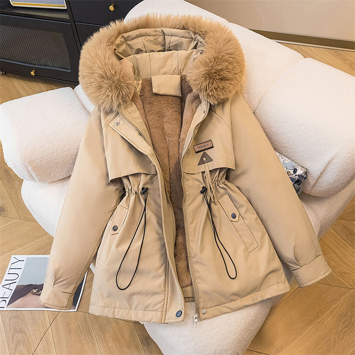 Ladies warm parka coat with removable faux fur collar and practical pockets Lune London