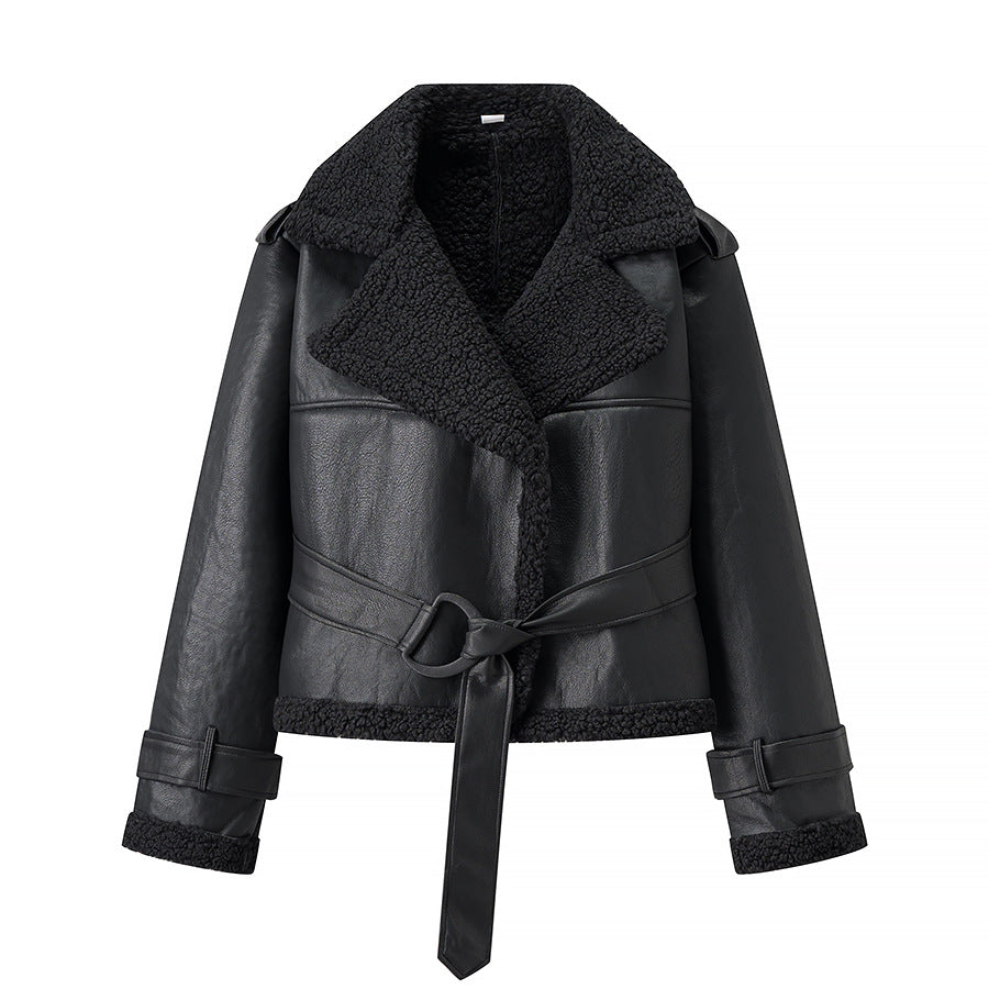 Women's synthetic leather jacket with fur collar and fitted cut Lune London