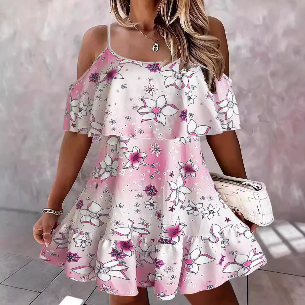 Ladies Floral Off-Shoulder Ruffle Mini Dress Lune London