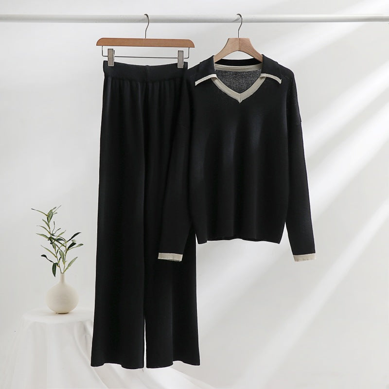 Comfortable knit lounge set for women with contrasting collar and wide leg Lune London