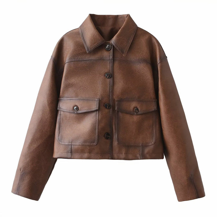 Short faux leather jacket for women with quilted design and practical flap pockets Lune London