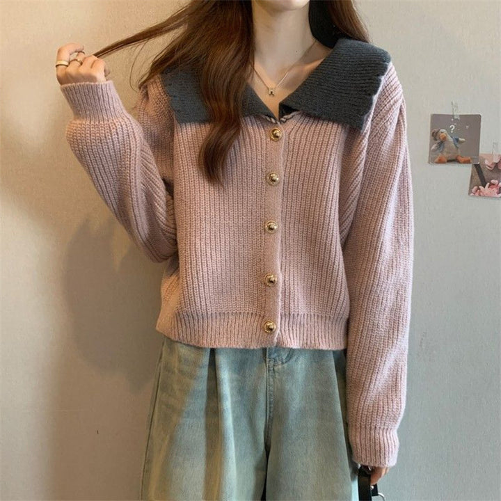 Ladies cardigan with vintage collar and large button details Lune London