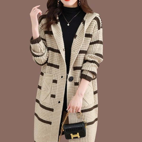 Ladies long cardigan with hood and striped pattern Lune London
