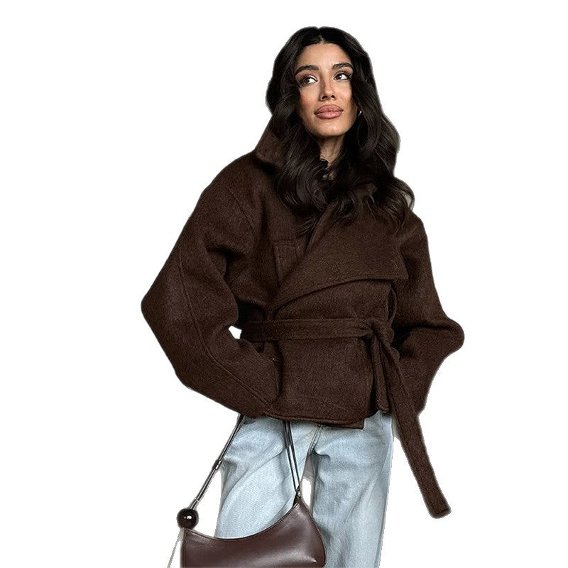 Ladies Cozy Wool Jacket with Loose Fit and Chic Waist Tie