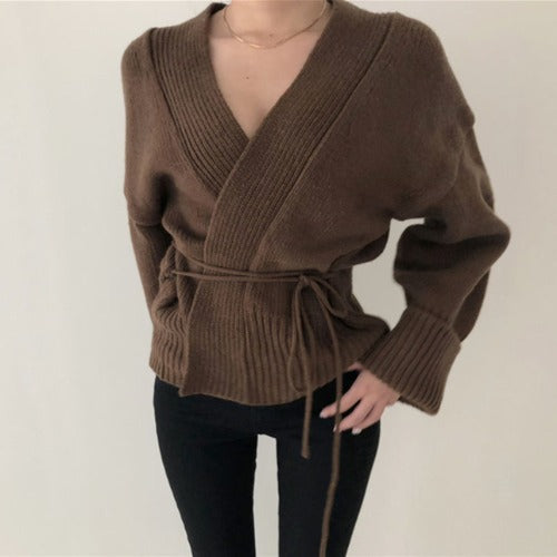 Women's Knit Tie Jacket with Belt and Stand Collar Lune London