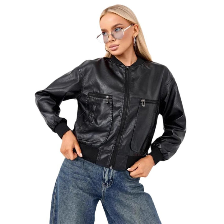 Trendy women's motorcycle jacket with textured design and practical pockets Lune London