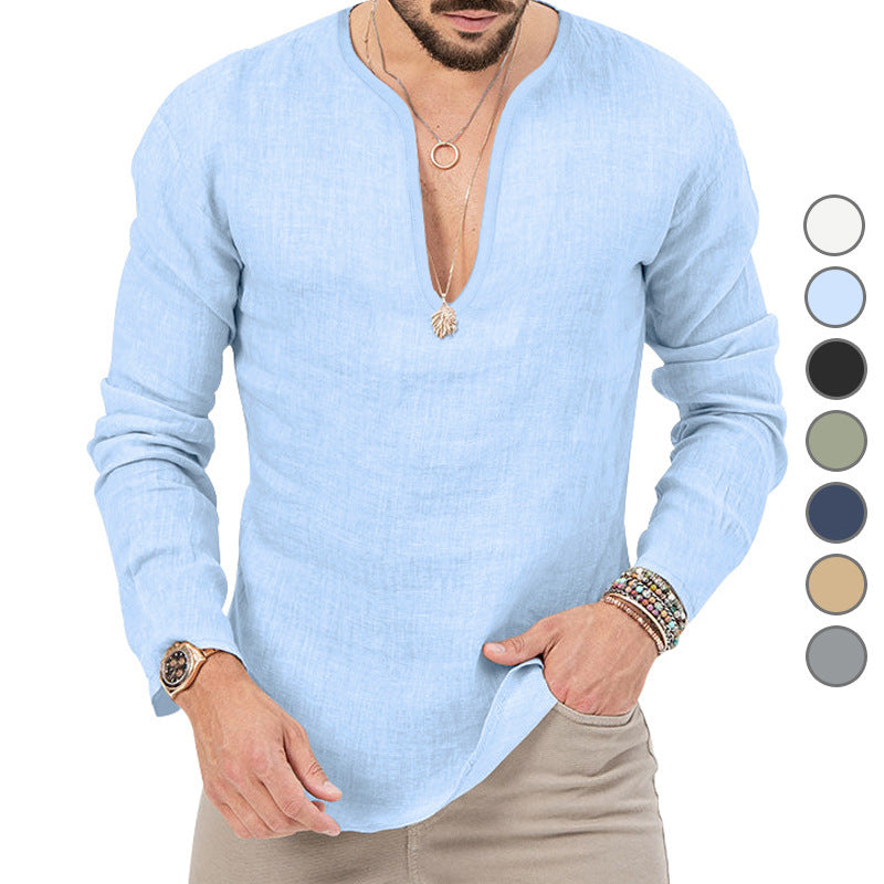 Men's casual linen shirt with deep V-neck and comfortable fit Lune London