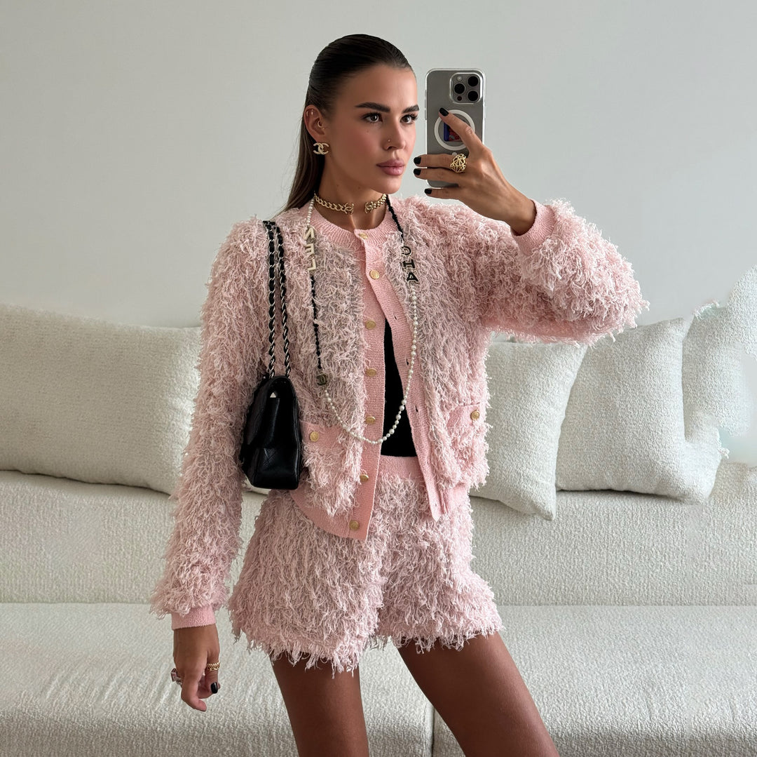 Fashion knit set for women with fringe details and elegant buttons Lune London