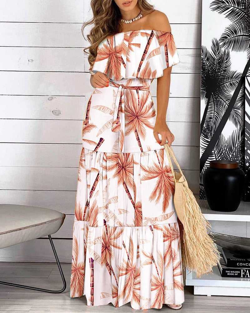 Off-shoulder maxi dress for women with flowy and asymmetrical skirt Lune London