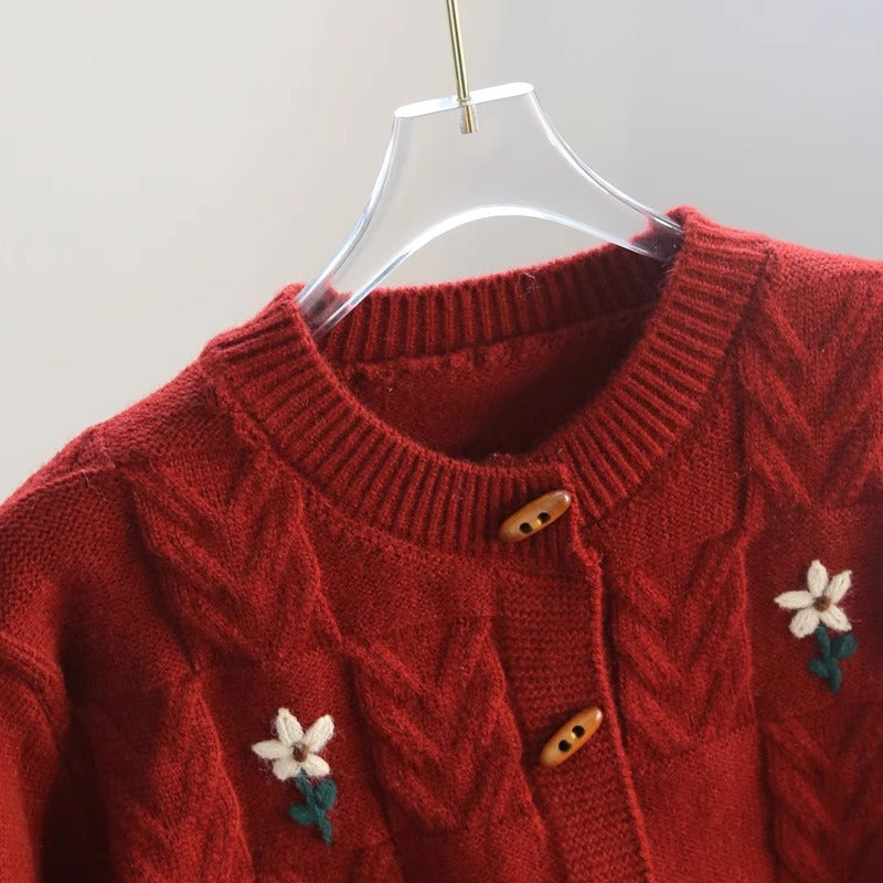 Knit jacket for women with floral cable pattern and wooden buttons Lune London