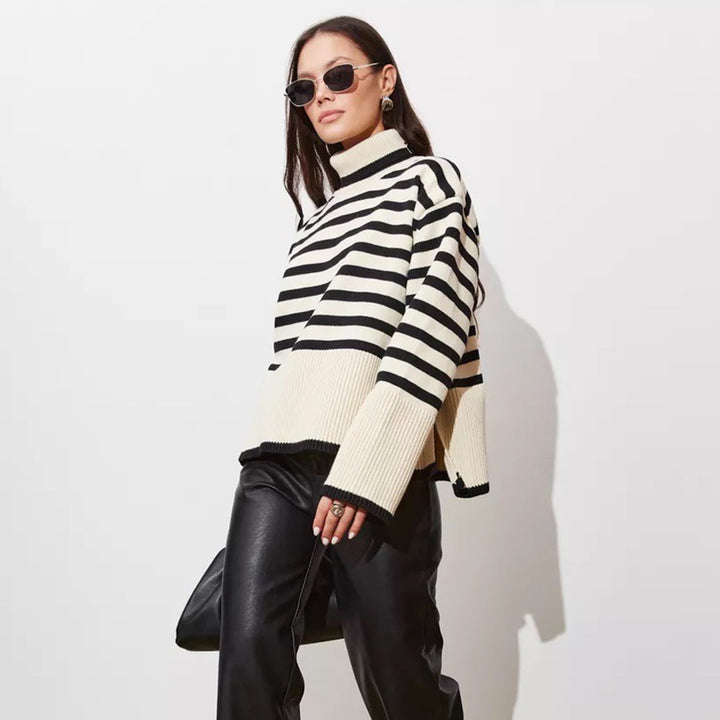 Pull en maille épaisse pour femmes avec col montant et rayures bretonnes Chic & Stil