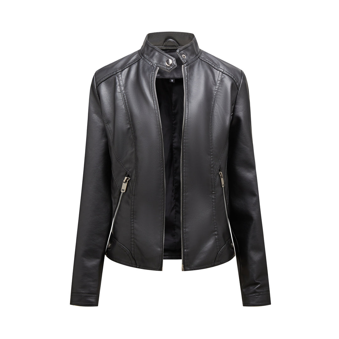 Faux leather jacket for women with elegant high collar and practical zippered pockets Lune London