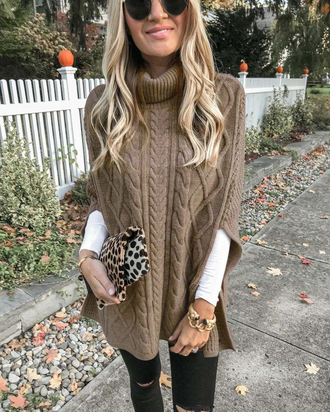 Knitted poncho for women with high collar Lune London