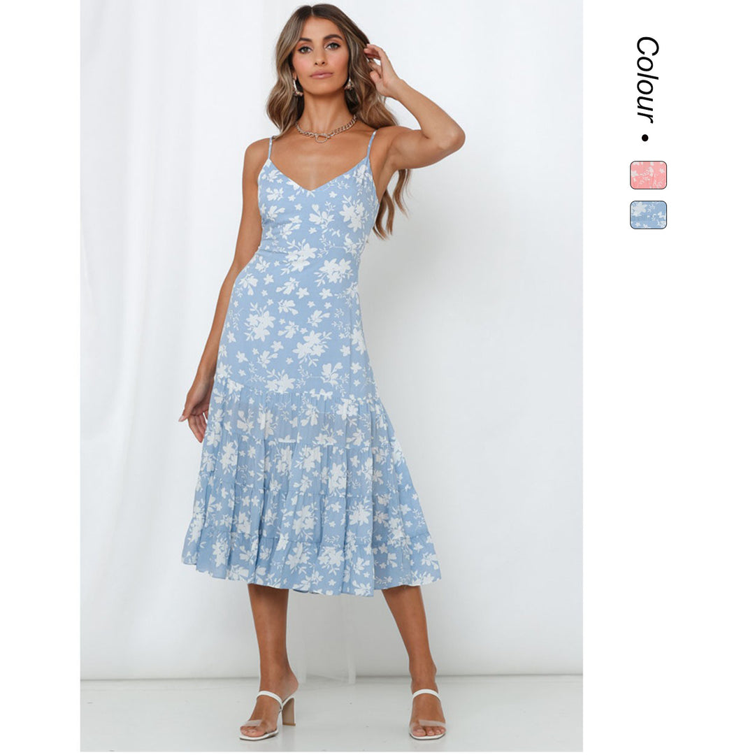 Women's midi dress with floral ruffles and swinging skirt Lune London