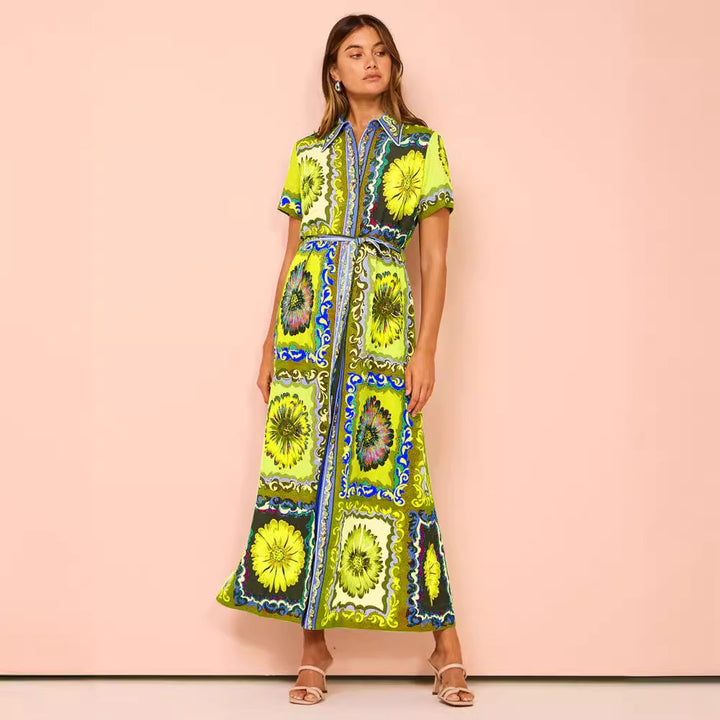 Chic & Stil Women's Maxi Dress in Floral Patchwork with Concealed Button Closure and Waist Belt