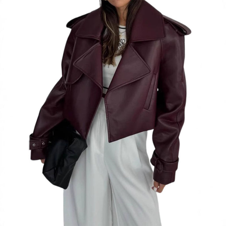 Women's faux leather biker jacket with wide lapels Lune London