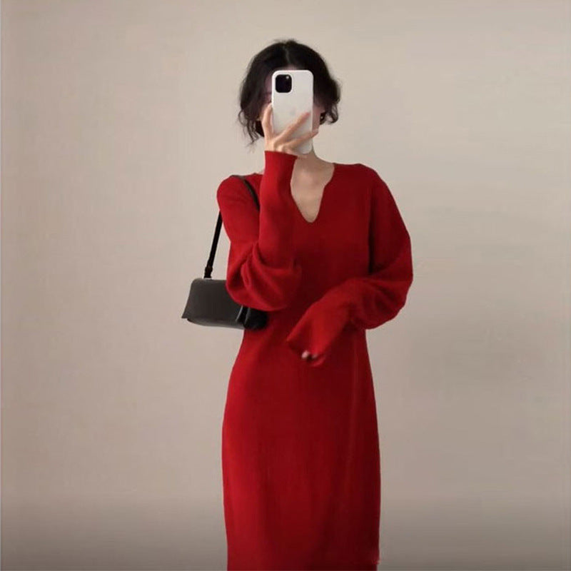 Knit dress for women with deep V-neck and specially designed structure Lune London