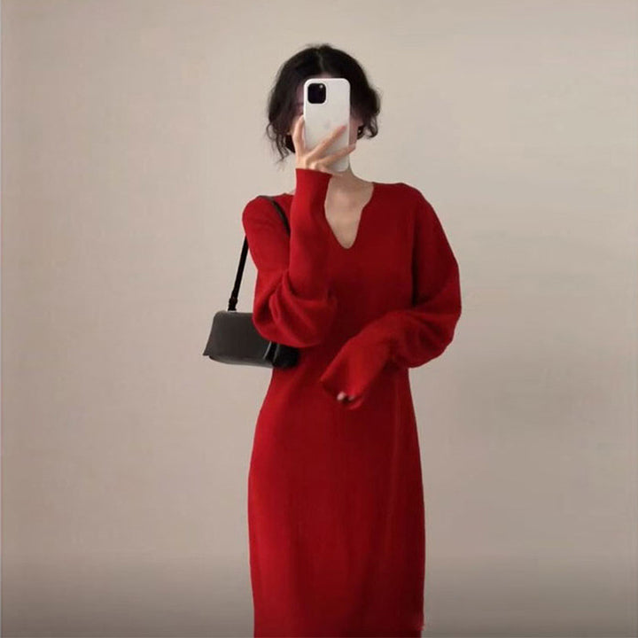 Knit dress for women with deep V-neck and specially designed structure Lune London