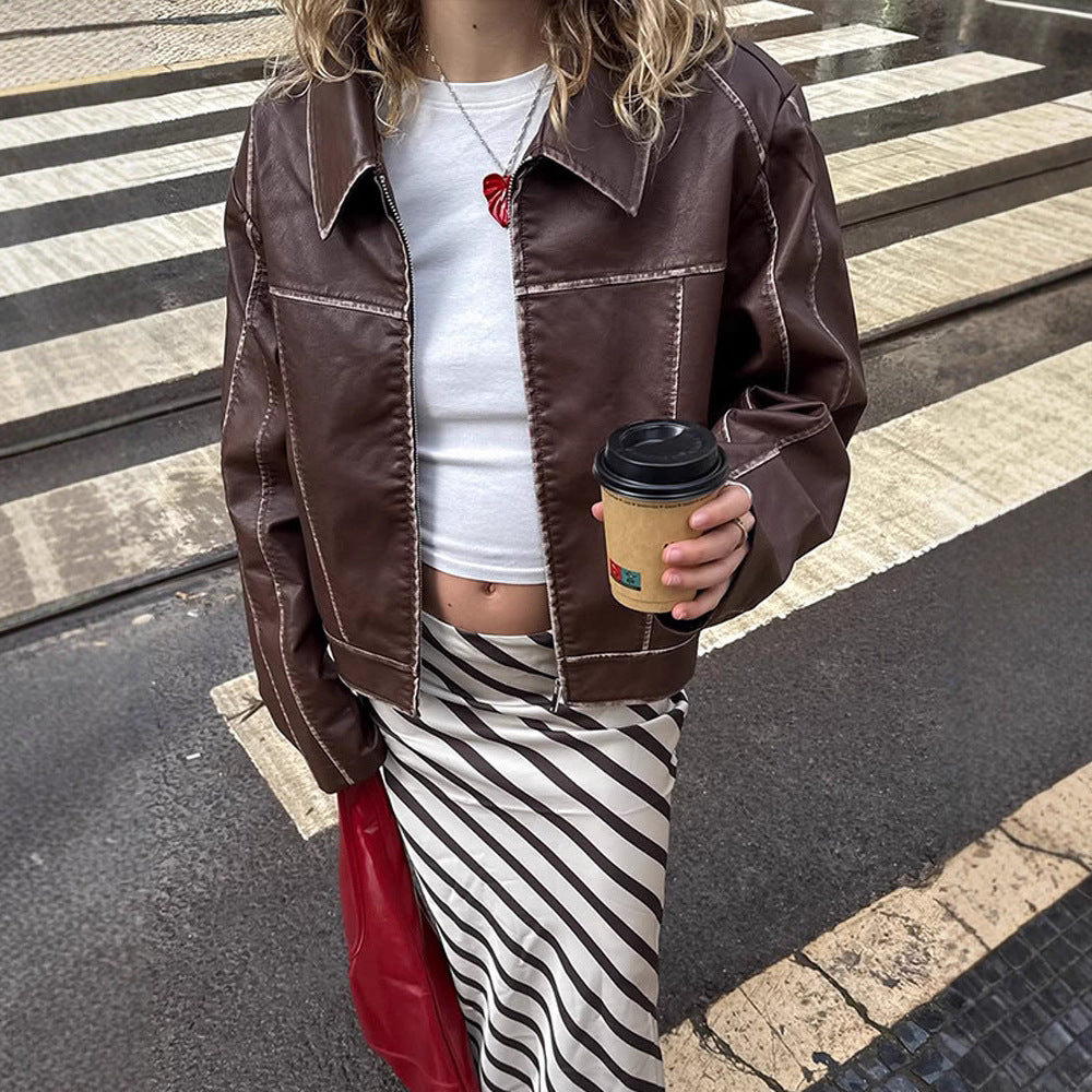 Cropped faux leather jacket for women with fine seams and a loose fit Lune London