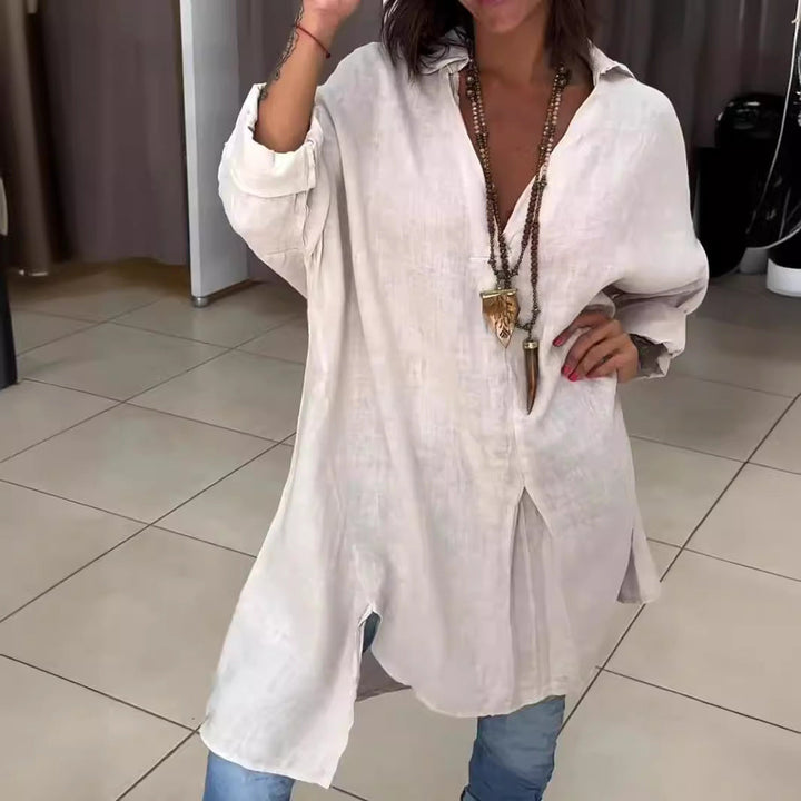 Women's Casual Linen Blouse with Full Button Placket and Cuffable Sleeves Lune London