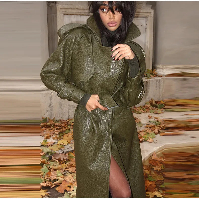 Women's Oversized Faux Leather Trench Coat with High Collar and Removable Belt Lune London