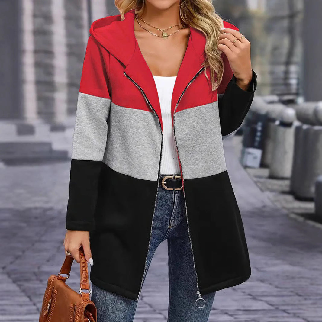 Ladies casual hooded coat with chic color block design