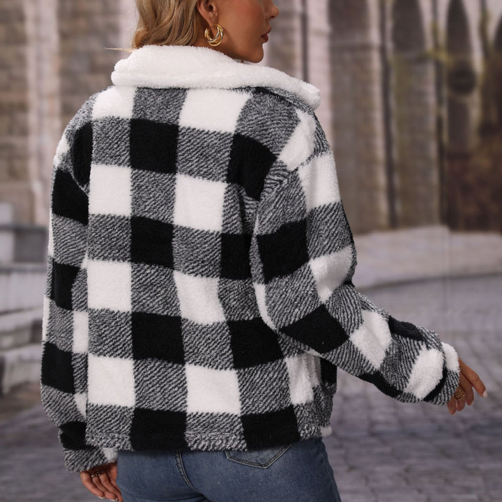 Ladies Cozy Plaid Jacket with Asymmetric Zipper Lune London