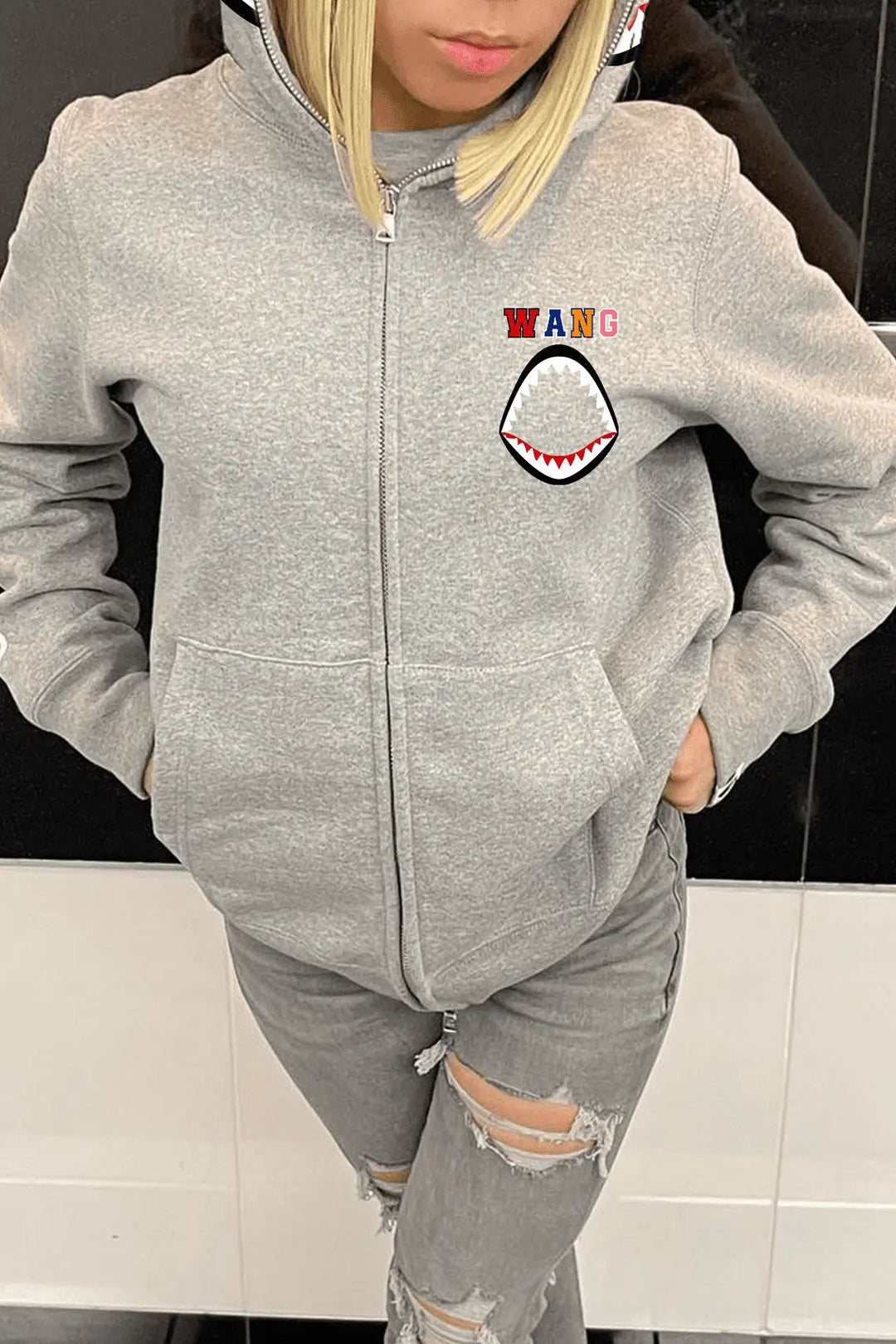 Hooded jacket for women with a creative shark design and modern embroideries Lune London
