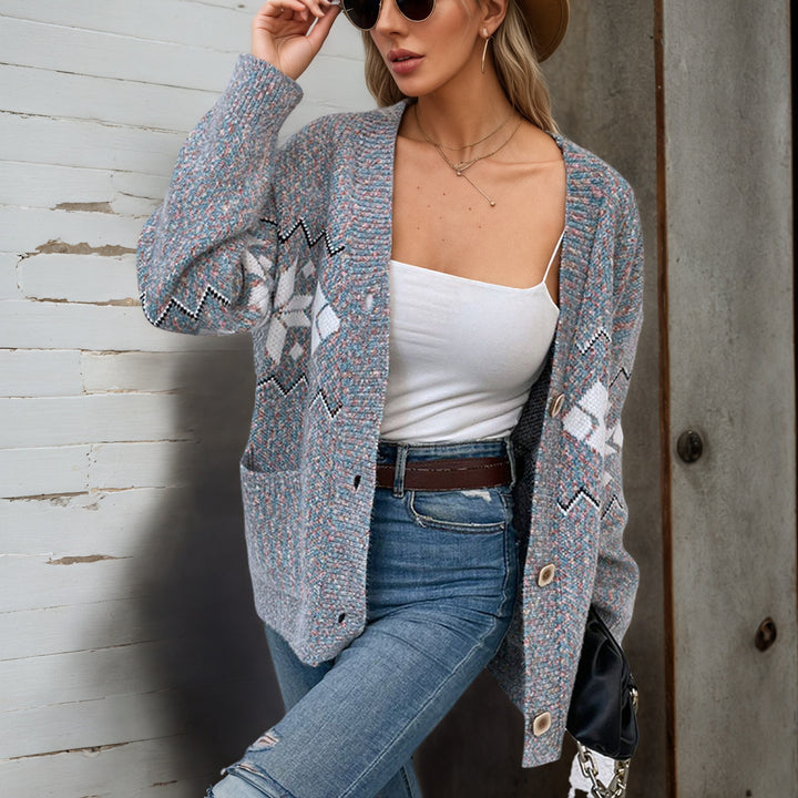 Ladies Large knitted cardigan with contemporary zigzag pattern and practical pockets Lune London