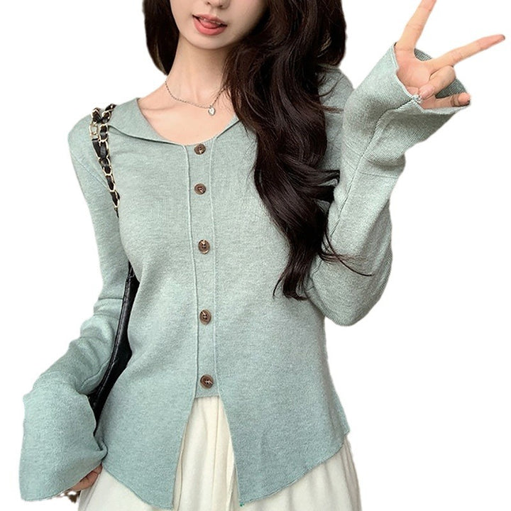 Women's Long Sleeve Cardigan with Button Placket and Fine Knit
