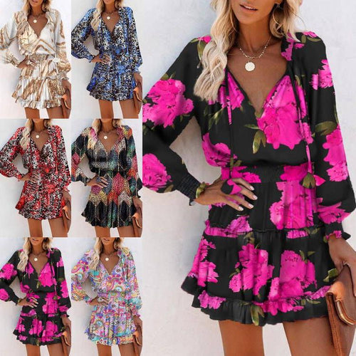 Ladies mini playful dress with colorful pattern and flounced details Lune London