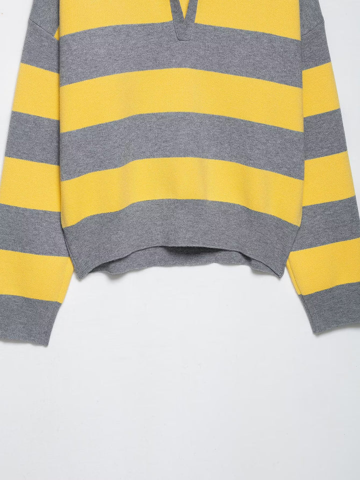 Casual knit sweater for women with polo collar and striped pattern Lune London