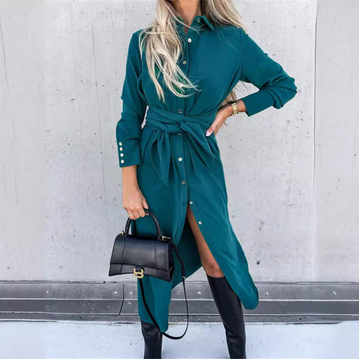 Ladies Elegant Midi Dress with Belt and Chic Button Placket and Style
