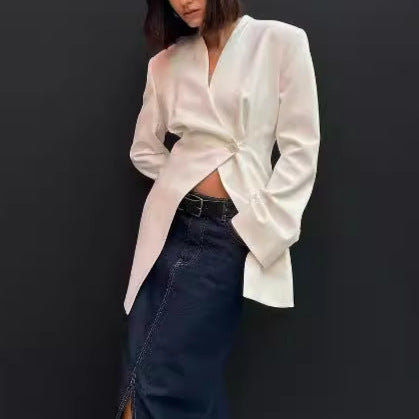 Elegant blazer jacket for ladies in textured satin Lune London