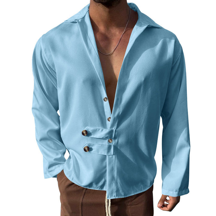 Men's elegant shirt with an innovative button design and a deep V-neck Lune London