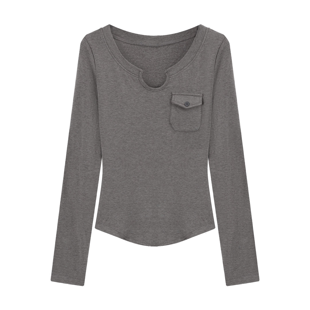 Women's Slim-Fit Long Sleeve Shirt with Round Neck and Chest Pocket Chic & Stil