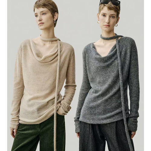 Ladies Elegant Knit Top with Open Neckline and Tie Lune London