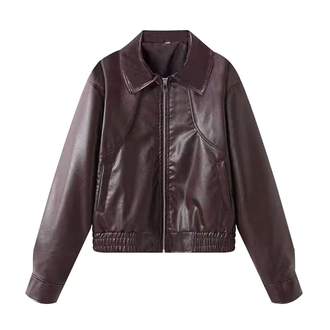 Casual biker-style faux leather jacket for women with convenient pockets and elastic belt Lune London