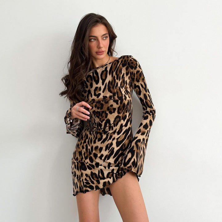 Ladies Mini Dress Leopard Print Long Sleeves Lune London