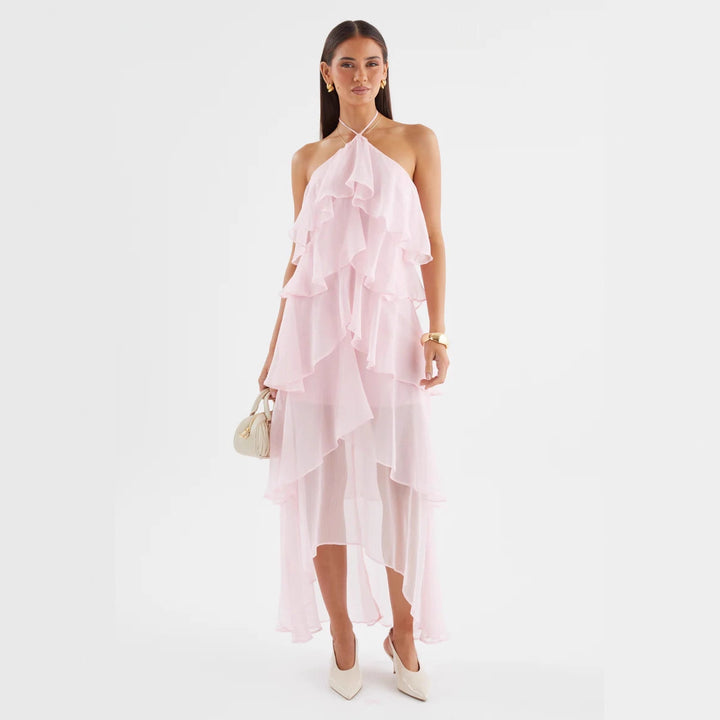 Chic & Stil Women's Airy Maxi Dress with Flowing Ruffles and Chic Halter Neck