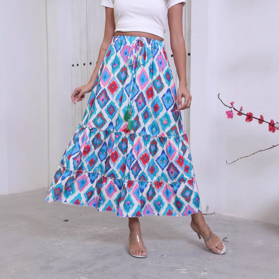 Maxi flared skirt for women with ruffle design and adjustable waist Lune London