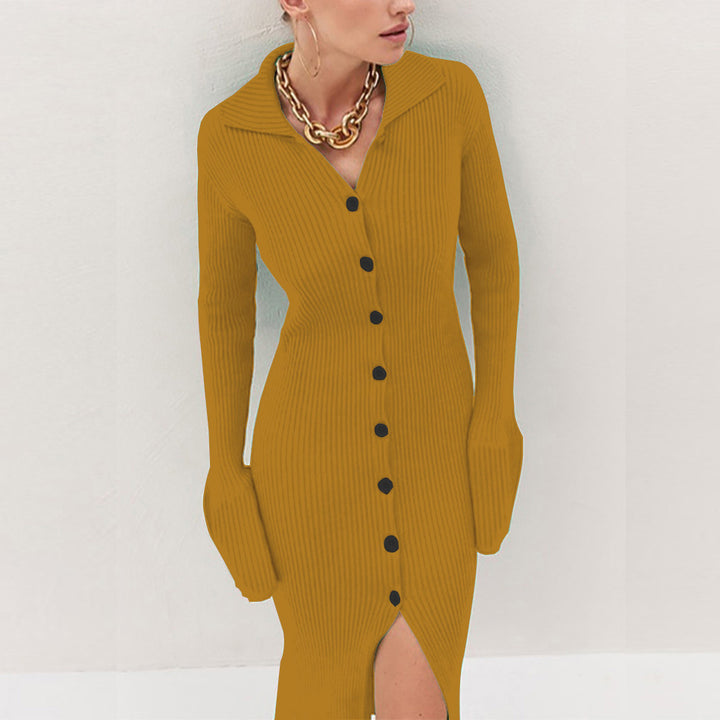Ribbed knit dress for women with button and side bar Lune London