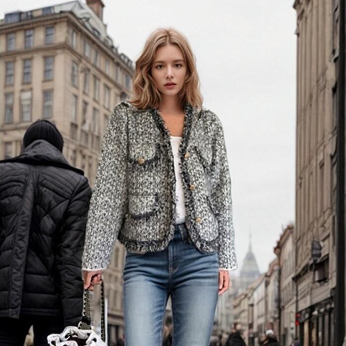 Women's knit jacket with fringe details and knee-height pockets Lune London