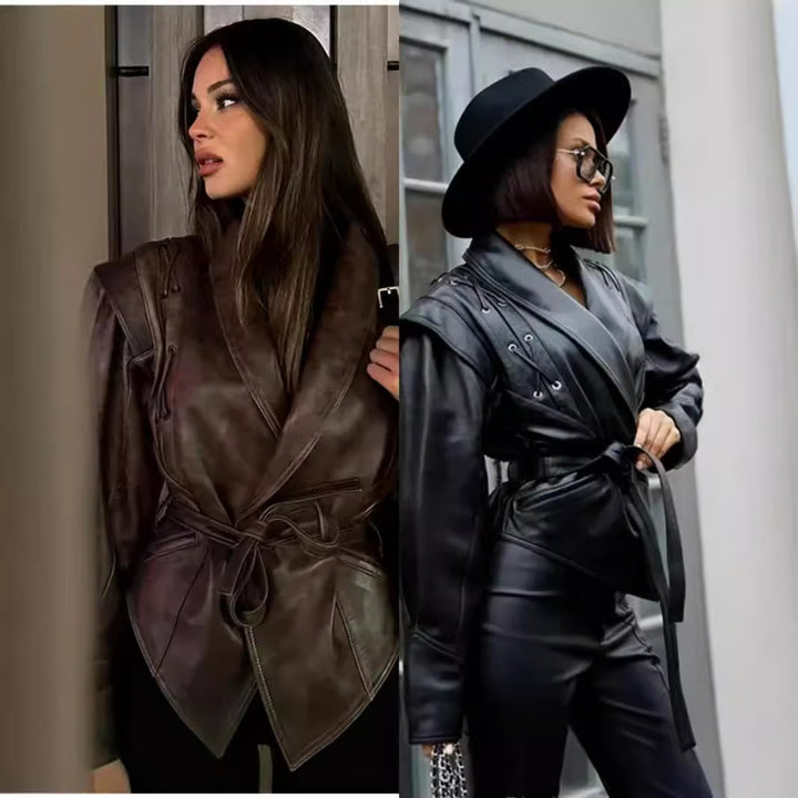 Fashion faux leather jacket for women with a stylish belt detail and a chic design Lune London