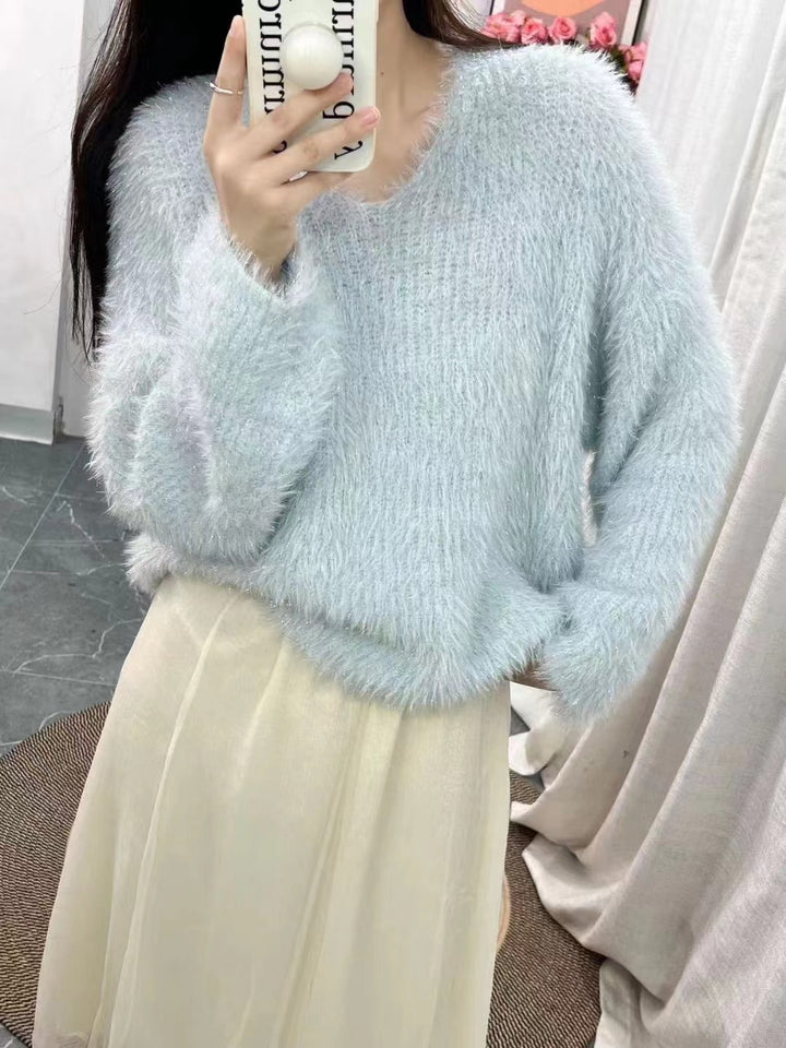 Pull V-neck pour femmes en tricot douillet avec fil à paillettes Chic & Stil