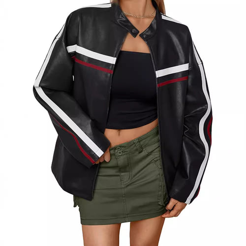 Faux leather jacket for women with sporty stripes Lune London