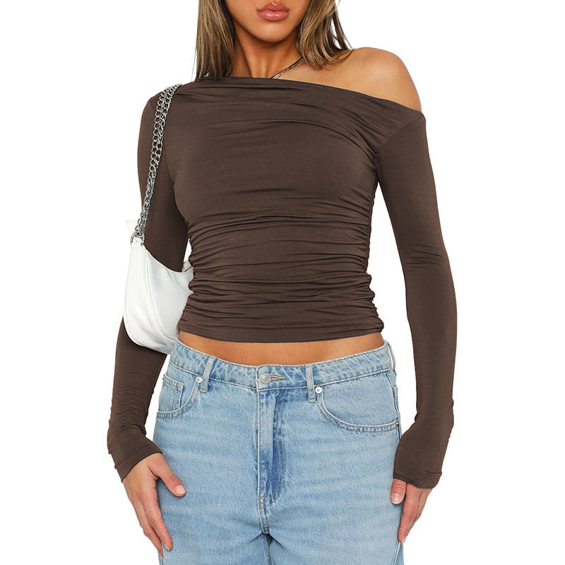 Fitted long sleeve t-shirt for women with asymmetric neckline and ruching Lune London