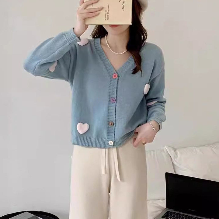 Women Comfortable Knit Jacket with Hearts and Colorful Button Details Lune London