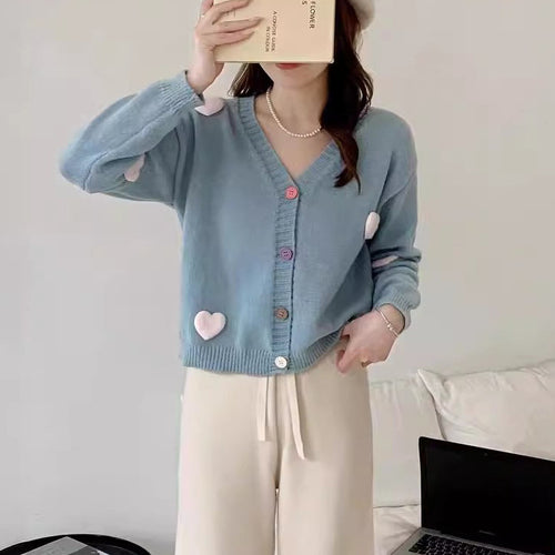 Women Comfortable Knit Jacket with Hearts and Colorful Button Details Lune London